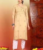 Women beige floral embroidered chikankari liva rayon straight tie-up angrakha kurta