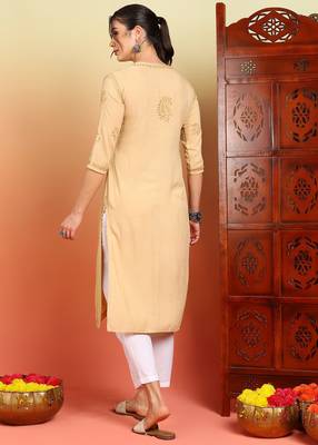 Women beige floral embroidered chikankari liva rayon straight tie-up angrakha kurta 2