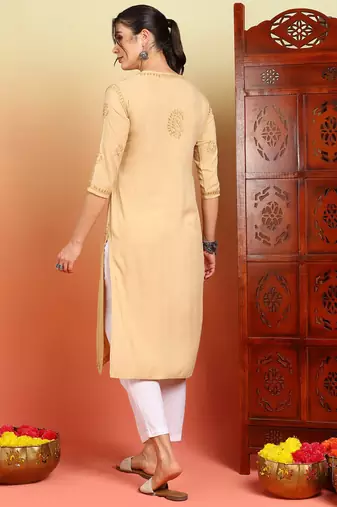 Women beige floral embroidered chikankari liva rayon straight tie-up angrakha kurta