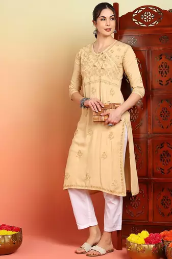 Women beige floral embroidered chikankari liva rayon straight tie-up angrakha kurta