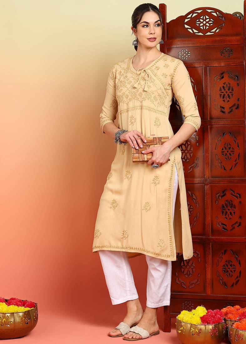 Women beige floral embroidered chikankari liva rayon straight tie-up angrakha kurta