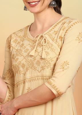 Women beige floral embroidered chikankari liva rayon straight tie-up angrakha kurta 4