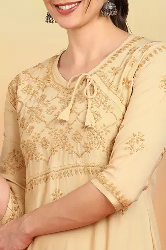 Women beige floral embroidered chikankari liva rayon straight tie-up angrakha kurta