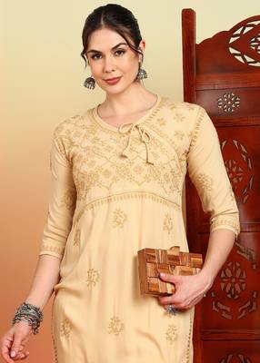 Women beige floral embroidered chikankari liva rayon straight tie-up angrakha kurta 5