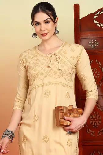 Women beige floral embroidered chikankari liva rayon straight tie-up angrakha kurta