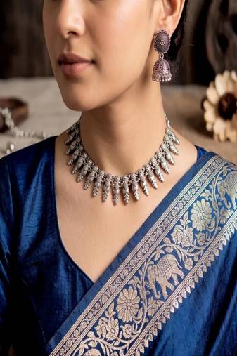Oxidized Silver Choker Necklace Jhumka Earrings Set, Tribal Boho Festival Jewelry