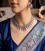 Oxidized Silver Choker Necklace Jhumka Earrings Set, Tribal Boho Festival Jewelry