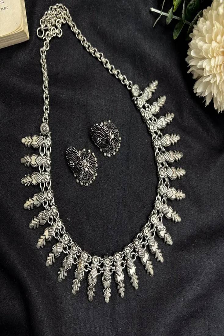 Oxidized Silver Choker Necklace Jhumka Earrings Set, Tribal Boho Festival Jewelry