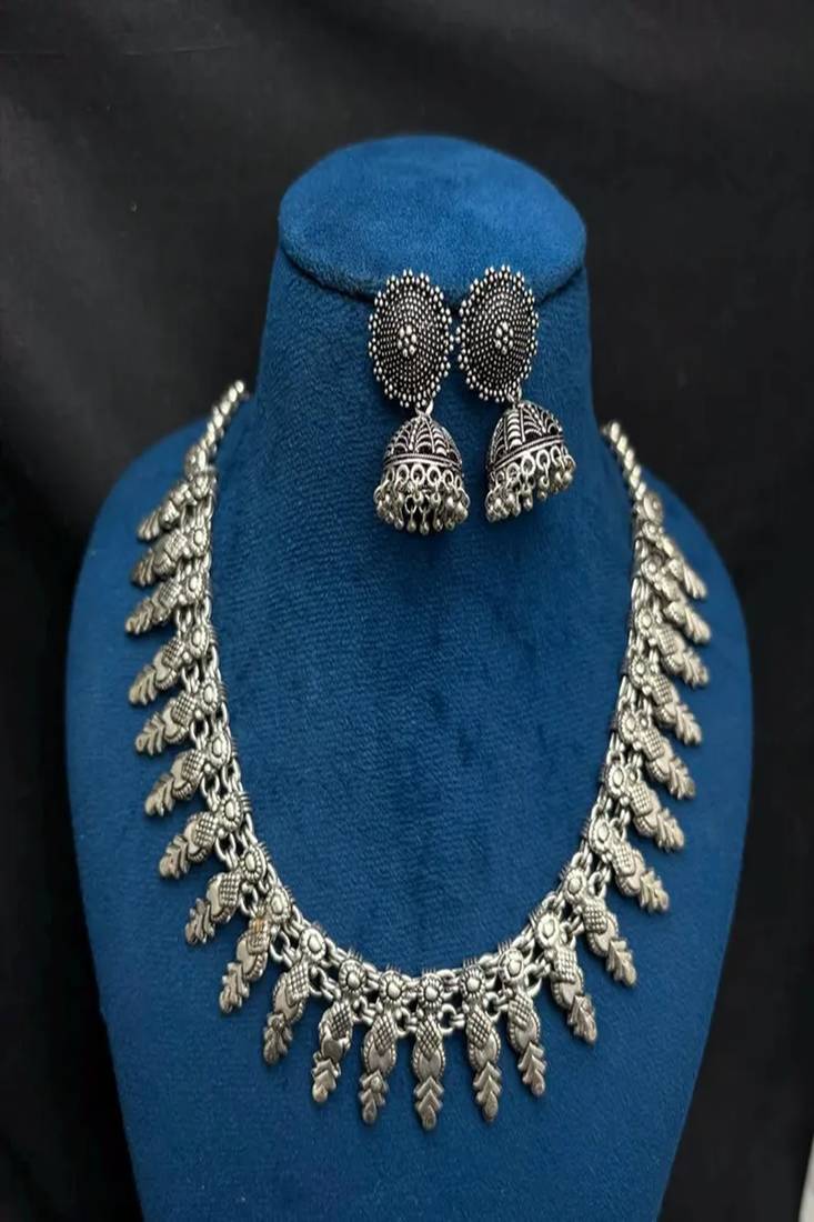 Oxidized Silver Choker Necklace Jhumka Earrings Set, Tribal Boho Festival Jewelry