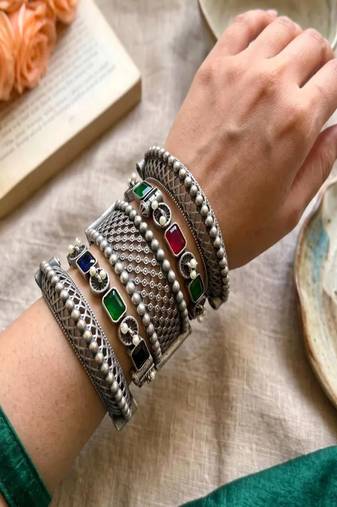 5 Oxidized Silver Bangles, Boho Tribal Kada Bracelet Stack, Multi Gemstone Ethnic Indian Jewelry