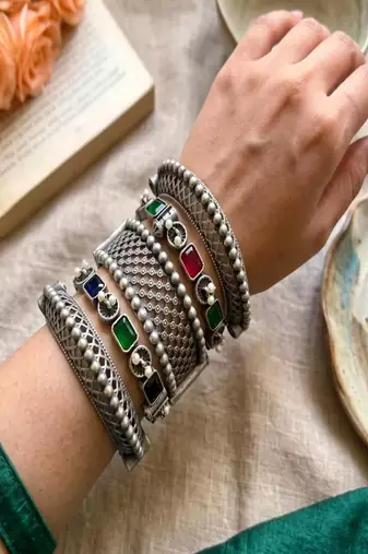 5 Oxidized Silver Bangles, Boho Tribal Kada Bracelet Stack, Multi Gemstone Ethnic Indian Jewelry