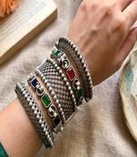 5 Oxidized Silver Bangles, Boho Tribal Kada Bracelet Stack, Multi Gemstone Ethnic Indian Jewelry