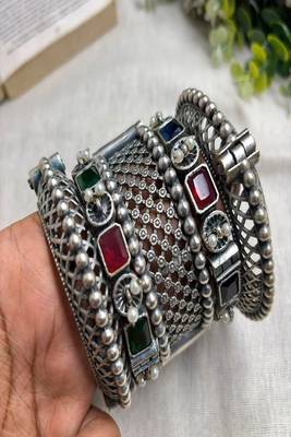 5 Oxidized Silver Bangles, Boho Tribal Kada Bracelet Stack, Multi Gemstone Ethnic Indian Jewelry 2