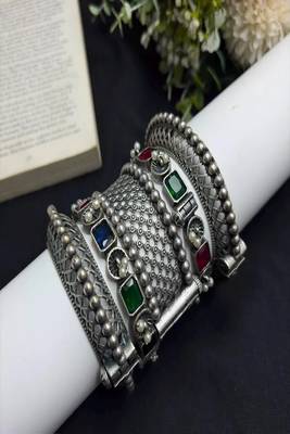 5 Oxidized Silver Bangles, Boho Tribal Kada Bracelet Stack, Multi Gemstone Ethnic Indian Jewelry 3
