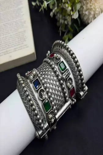 5 Oxidized Silver Bangles, Boho Tribal Kada Bracelet Stack, Multi Gemstone Ethnic Indian Jewelry