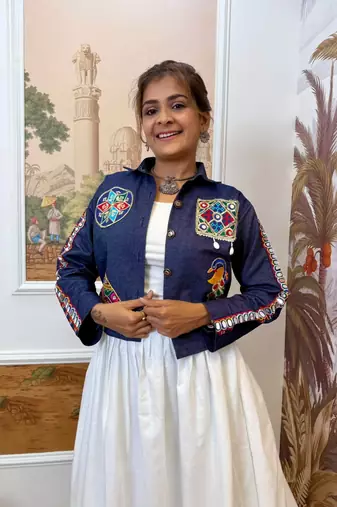 Blue navratri embroidered denim koti with mirror work & kodi lace
