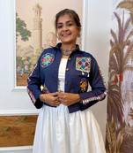 Blue navratri embroidered denim koti with mirror work & kodi lace