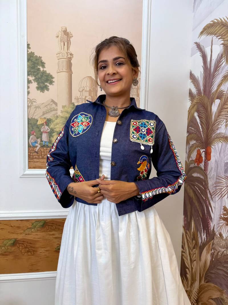 Blue navratri embroidered denim koti with mirror work & kodi lace