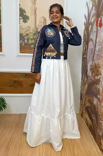 Blue navratri embroidered denim koti with mirror work & kodi lace