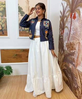 Blue navratri embroidered denim koti with mirror work & kodi lace 3
