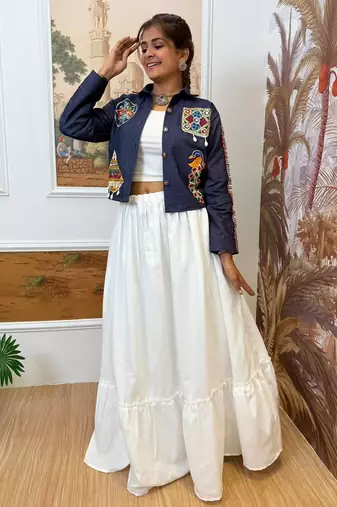 Blue navratri embroidered denim koti with mirror work & kodi lace