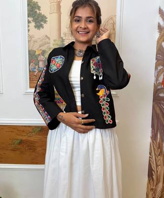 Black navratri embroidered denim koti with mirror work & kodi lace 1