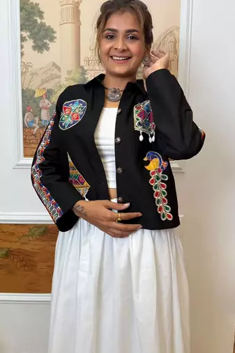 Black navratri embroidered denim koti with mirror work & kodi lace