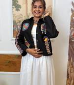 Black navratri embroidered denim koti with mirror work & kodi lace