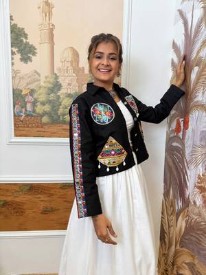 Black navratri embroidered denim koti with mirror work & kodi lace 2