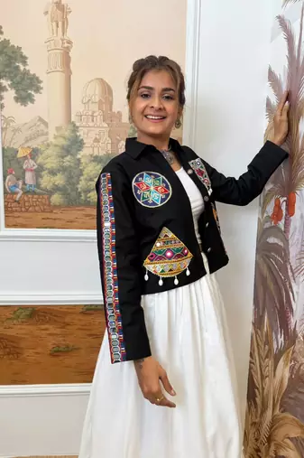 Black navratri embroidered denim koti with mirror work & kodi lace