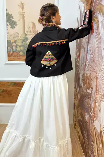 Black navratri embroidered denim koti with mirror work & kodi lace