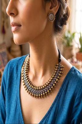 Dual Tone Brass Choker Necklace and Stud Earrings Set, Antique Indian Ethnic Jewelry 1