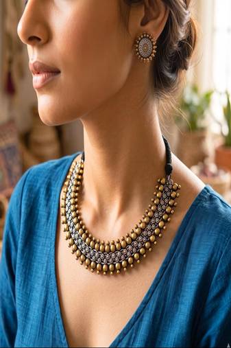 Dual Tone Brass Choker Necklace and Stud Earrings Set, Antique Indian Ethnic Jewelry