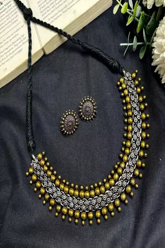 Dual Tone Brass Choker Necklace and Stud Earrings Set, Antique Indian Ethnic Jewelry