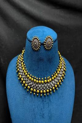 Dual Tone Brass Choker Necklace and Stud Earrings Set, Antique Indian Ethnic Jewelry 3