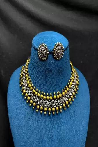 Dual Tone Brass Choker Necklace and Stud Earrings Set, Antique Indian Ethnic Jewelry