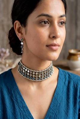 Handmade Mirror Choker Necklace Earrings Set, Indian Sheesha Work Jewelry, Geometric Statement Neckpiece 1