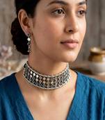 Handmade Mirror Choker Necklace Earrings Set, Indian Sheesha Work Jewelry, Geometric Statement Neckpiece