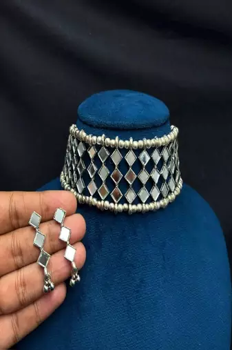 Handmade Mirror Choker Necklace Earrings Set, Indian Sheesha Work Jewelry, Geometric Statement Neckpiece