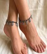 Silver Plated Black Onyx Floral Charm Anklets, Indian Boho Beach Foot Jewelry Pair