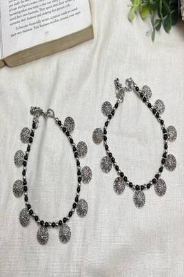 Silver Plated Black Onyx Floral Charm Anklets, Indian Boho Beach Foot Jewelry Pair 2