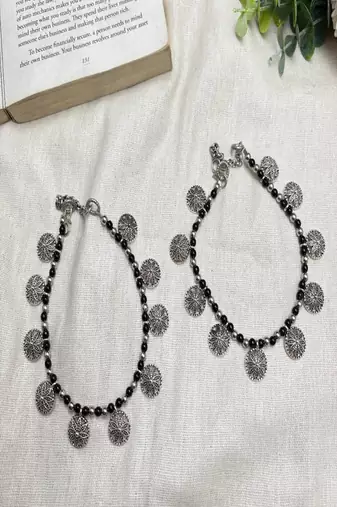 Silver Plated Black Onyx Floral Charm Anklets, Indian Boho Beach Foot Jewelry Pair