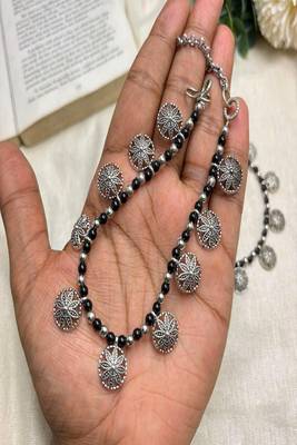 Silver Plated Black Onyx Floral Charm Anklets, Indian Boho Beach Foot Jewelry Pair 3