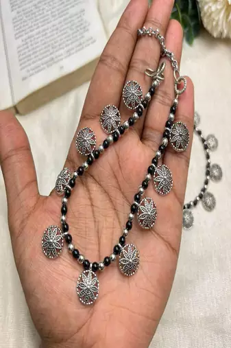 Silver Plated Black Onyx Floral Charm Anklets, Indian Boho Beach Foot Jewelry Pair
