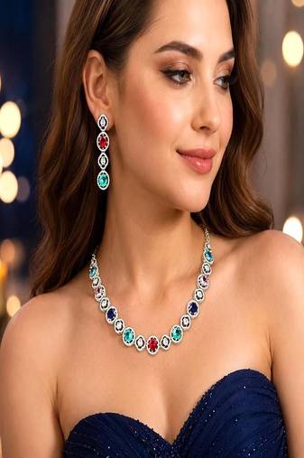 multicolor crystal choker necklace and drop earrings set, silver bridal jewellery