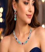 multicolor crystal choker necklace and drop earrings set, silver bridal jewellery