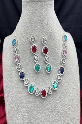 multicolor crystal choker necklace and drop earrings set, silver bridal jewellery 2