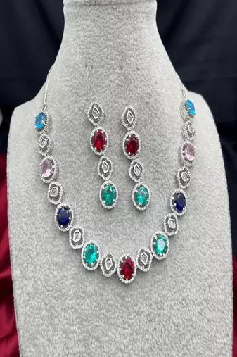 multicolor crystal choker necklace and drop earrings set, silver bridal jewellery
