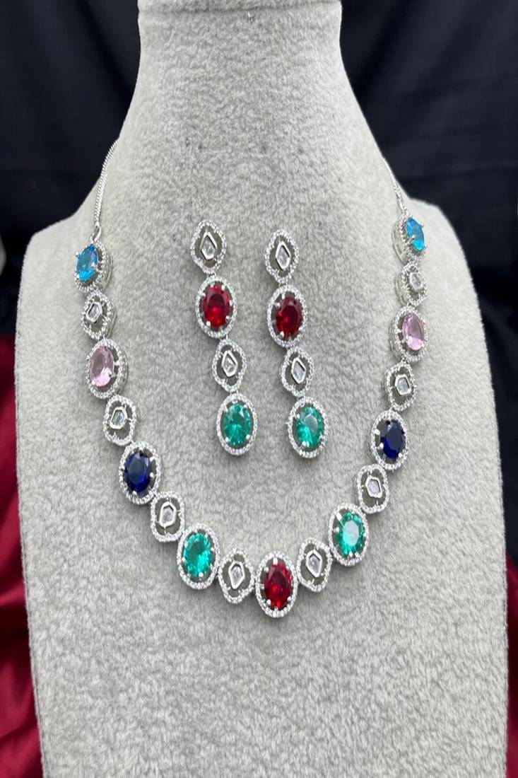 multicolor crystal choker necklace and drop earrings set, silver bridal jewellery