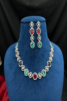 multicolor crystal choker necklace and drop earrings set, silver bridal jewellery 3